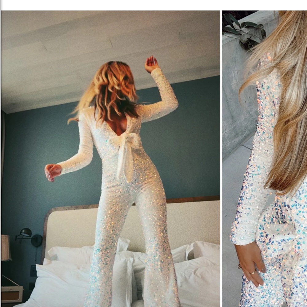 Show Me Your Mumu Martina Wrap Jumpsuit in White Sparkle Sequin M NWT